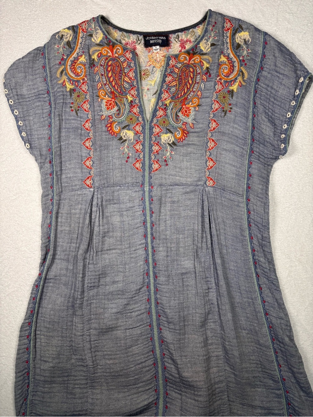 Johnny Was Slate Blue Embroidered Paisley V-Neck Dress